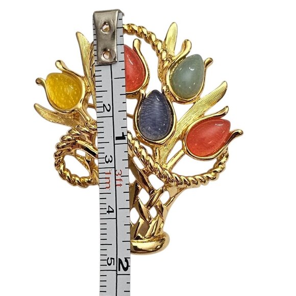 Trifari TM  Tulip Flower Basket Brooch Pink Yellow Blue Lucite Pin, Signed - Picture 6 of 7